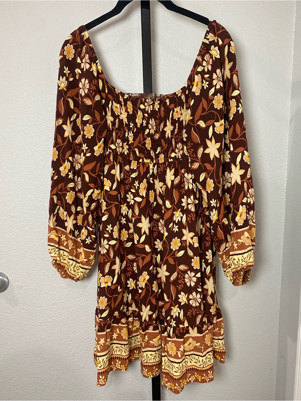 Brown Floral Long-Sleeve Boho Dress - Picture 3 of 8